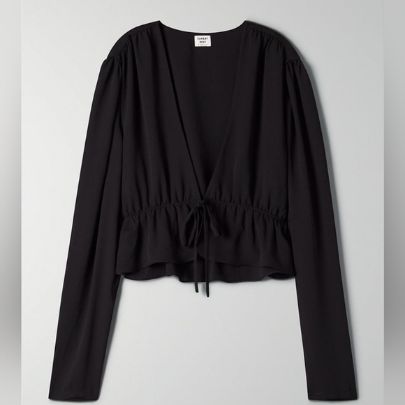 Aritzia Sunday Best New Cropped Tie Front Blouse Black Crepe Size M - Picture 2 of 5